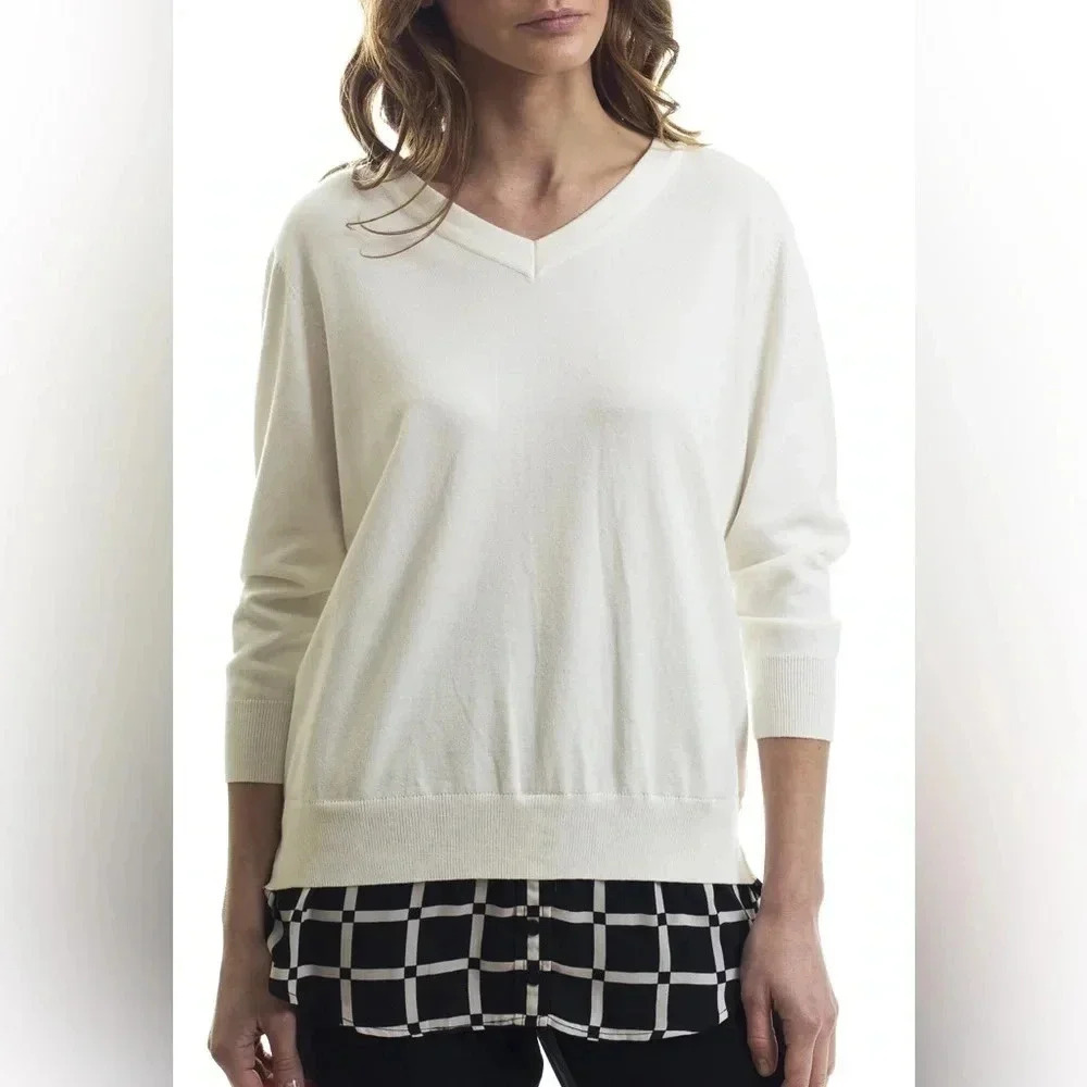 NWT Vecceli Italy White V Neck Layered Faux Checkered Shirt Hem Sweater, size S